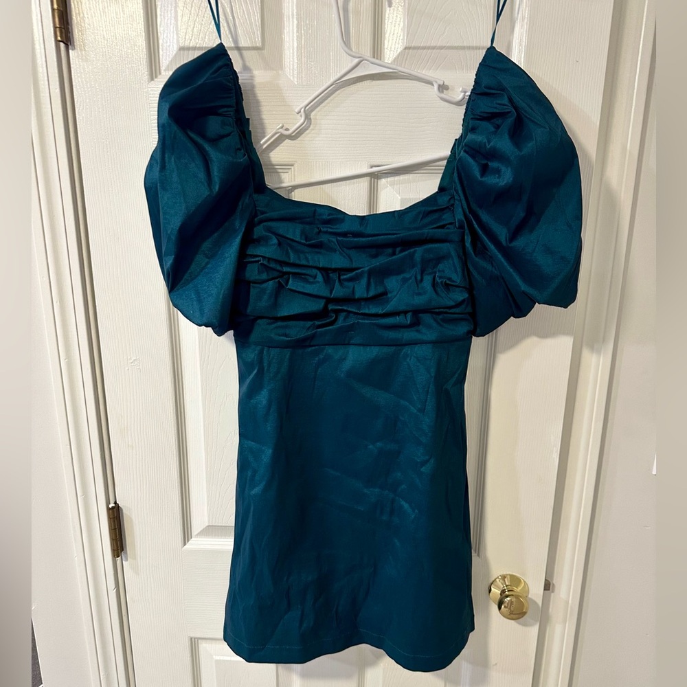 Socialite Dark Teal Puff Sleeve Satin Mini Dress